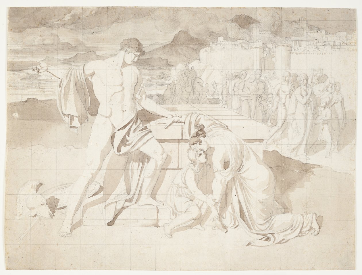 Andromache a syn Astyanax s Pyrrhem u Hectorova sarkofágu od J.L. Lund