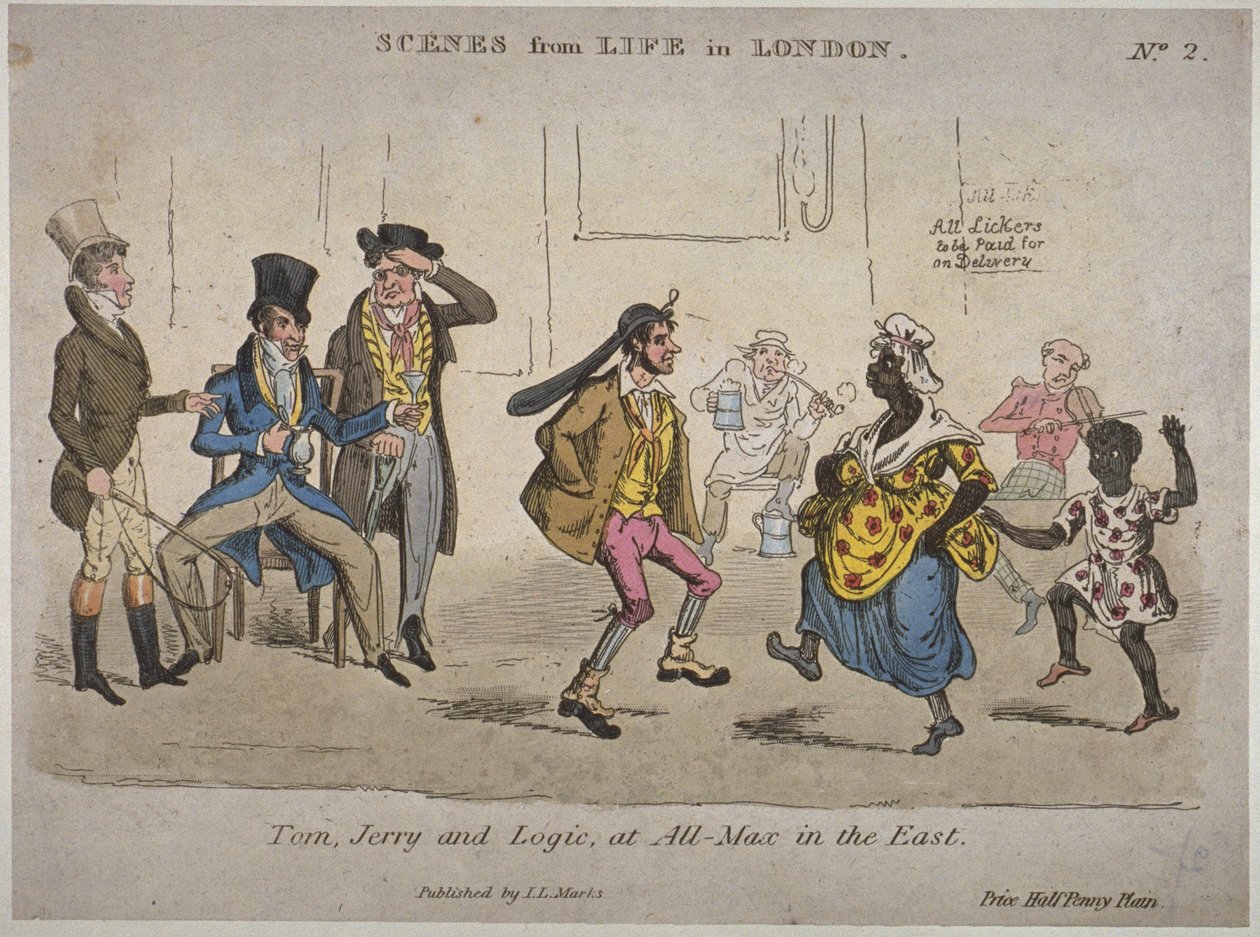 Postavy popíjející a tančící v Coach and Horses na Nightingale Lane, ilustrace z knihy Pierce Egana "Life in London" (ručně kolorovaný lept) od J.L. Marks