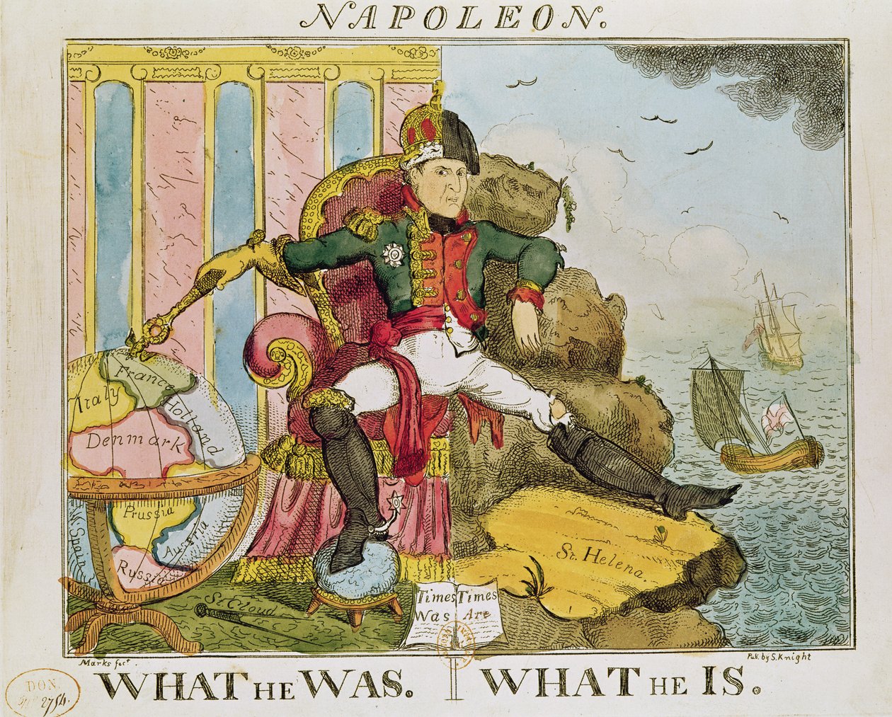 "Jaký byl. Co je", karikatura Napoleona (1769-1821), kterou vydal S. Knight od J.L. Marks