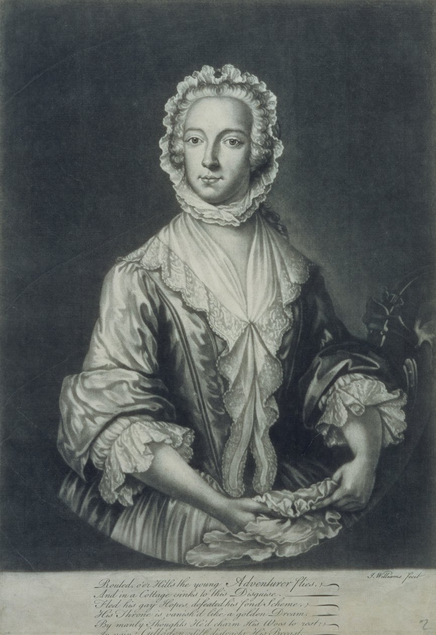 Princ Charles převlečený za „Betty Burke“ (mezzotintová rytina) od J.L. Williams