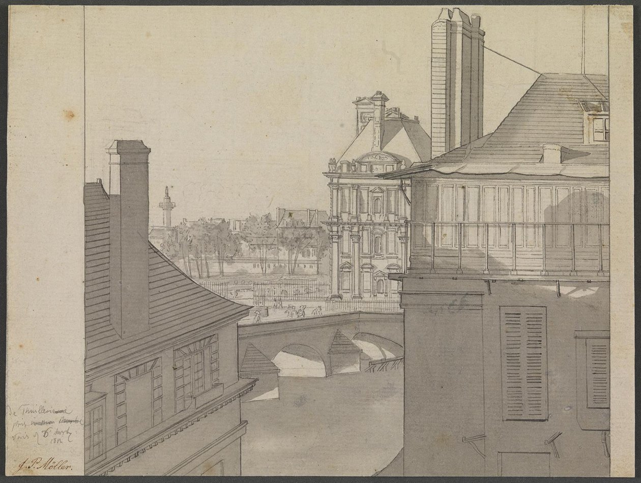 Pohled z bytu J.P. Møllera v Hotel d’Irlande, Rue de Beaune č. 3, přes Seinu směrem k Tuileries a Rue de Rivoli, 6. března 1812 od J.P. Møller