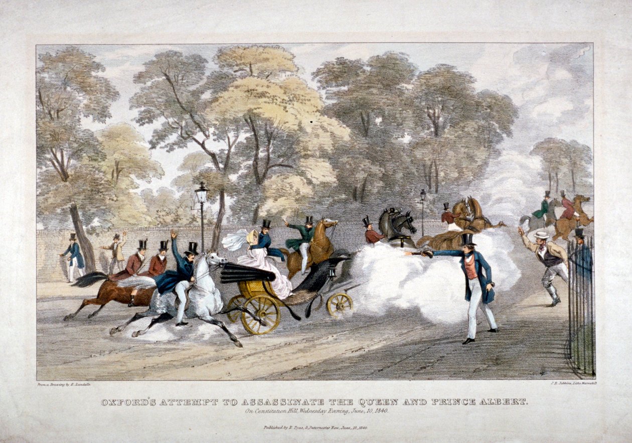 Pokus o atentát na královnu Viktorii, Constitution Hill, Westminster, Londýn, 1840 od JR Jobbins