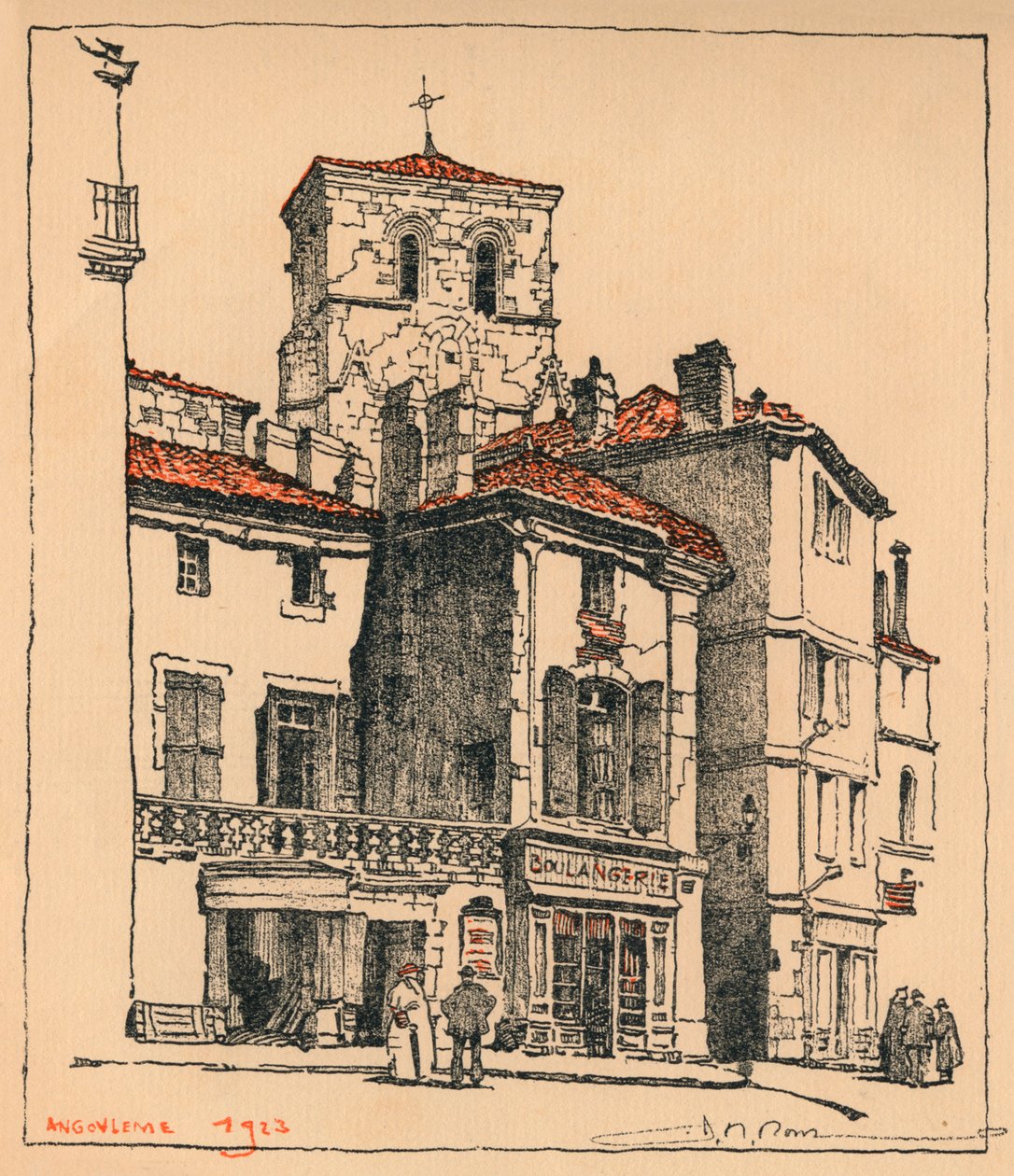 Place du Murier, s věží kostela St Andre, v Angouleme, Francie, 1924 od JR Rowe