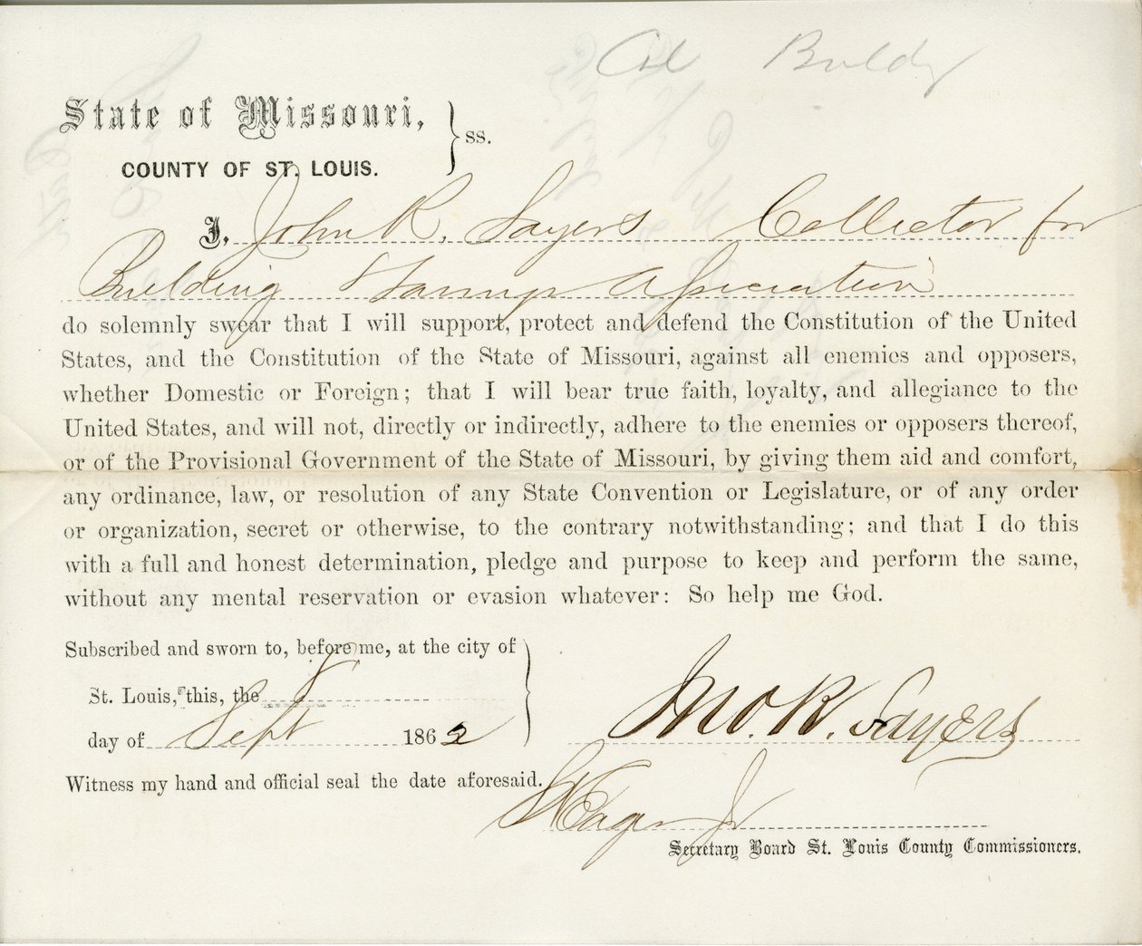 Věrnostní přísaha Johna R. Sayerse z Missouri, hrabství St. Louis od J.R. Sayers
