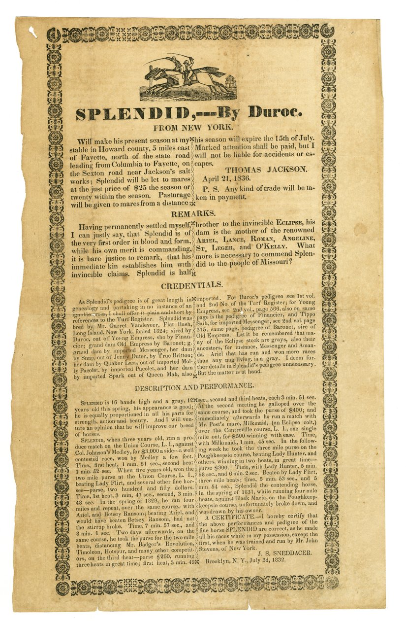 Certifikováno společností Duroc, Brooklyn, NY, 3. července 1832 od J.S. Sneddacer