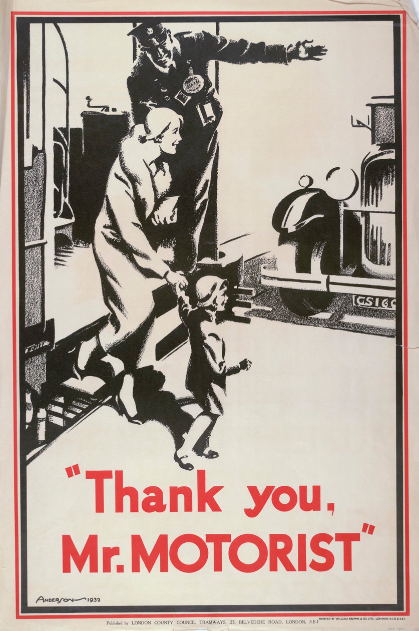 „Děkuji, pane motoriste“, plakát LCC Tramways London County Council, 1932 od JS Anderson