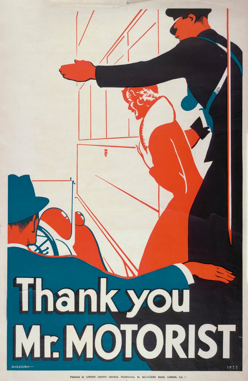 „Děkuji, pane motoriste“, plakát LCC Tramways London County Council, 1933 od JS Anderson