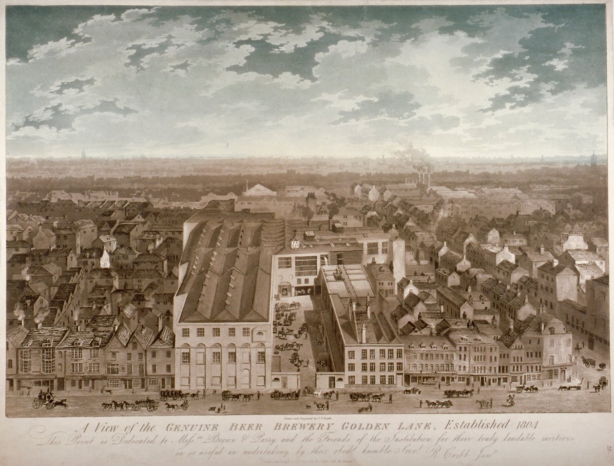 Letecký pohled na Genuine Beer Brewery, Golden Lane, City of London, 1807 od JS Barth