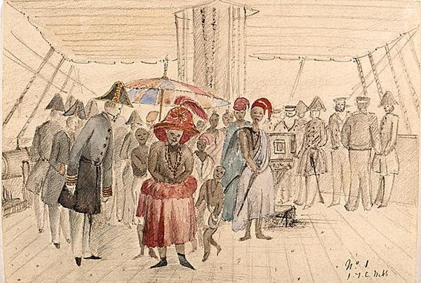 West African Chiefs na palubě námořní lodi, kolem roku 1850 (akvarel a tužka na papíře) od J.T.C. Webb