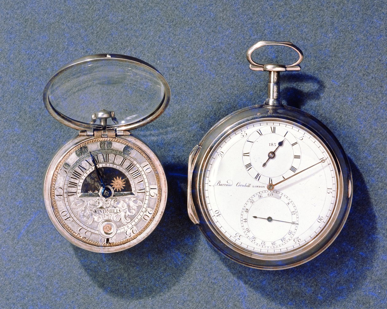 Hodinky s číselníkem slunce a měsíce, J. Windmills (fl.1671-1723), kolem 1700; kapesní chronometr, Barraud, Londýn, 1797 od J.Windmills and Barraud 1797