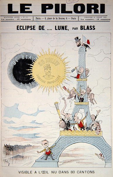 Přední strana obálky „Le Pilori“ týkající se francouzských voleb v roce 1889 a generála Boulangera, 28. července 1889 (barevně lito) od J.  Blass