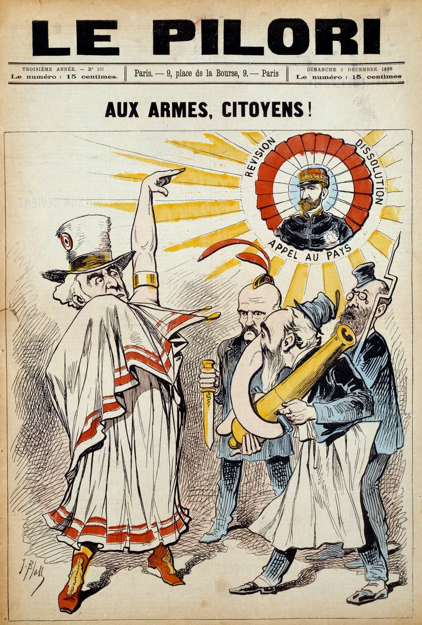 Jeden z novin "" pranýř"": "" občanům zbraně! „“ dne 2. prosince 1888 během demonstrace proti generálu Boulangerovi. Ilustrace J. Blasse (Albert Douat dit) (1847-1892) od J.  Blass
