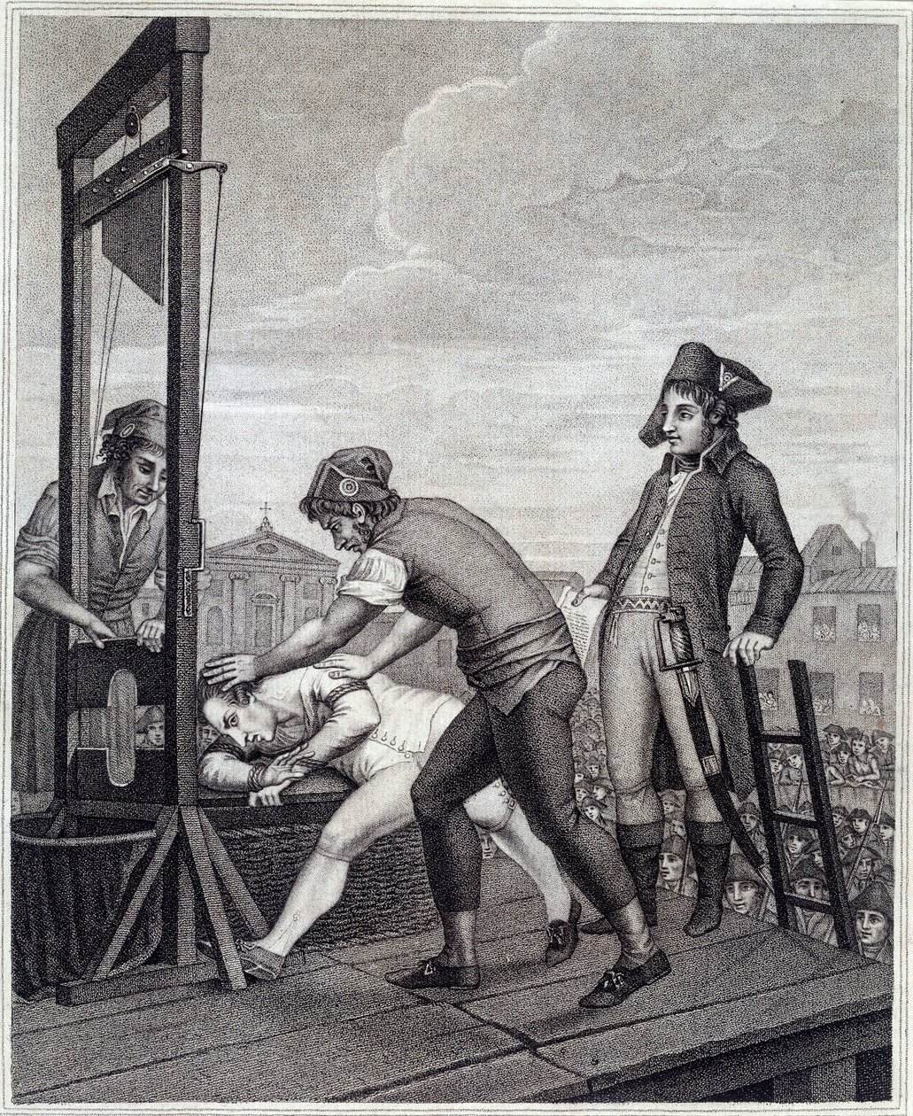 Poprava Maxmiliána de Robespierre (1758-1794) má gilotinu 28.7.1794 na Place de la Concorde Rytina od Jamese Idnarpila po J. Beys. přibližně 1799. Paříž, Musee Carnavalet od J. (after) Beys