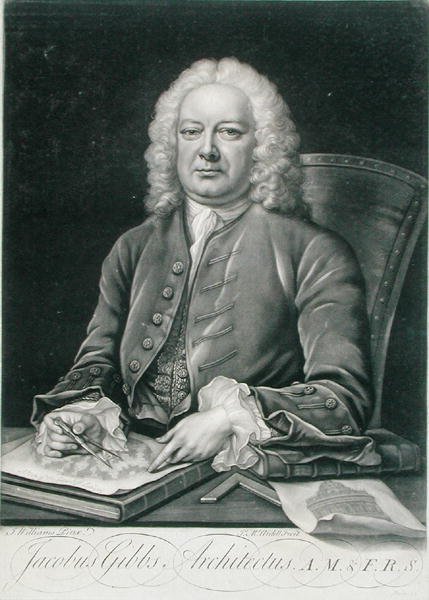 Portrét Jamese Gibbse (1682-1754) vyrytý Jamesem McArdellem (asi 1729-65) (rytina) od J. (after) Williams