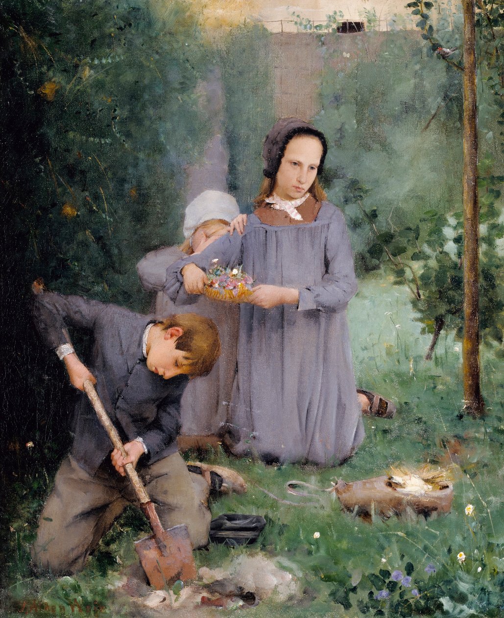 Děti pohřbívající ptáka od J. Alden Weir