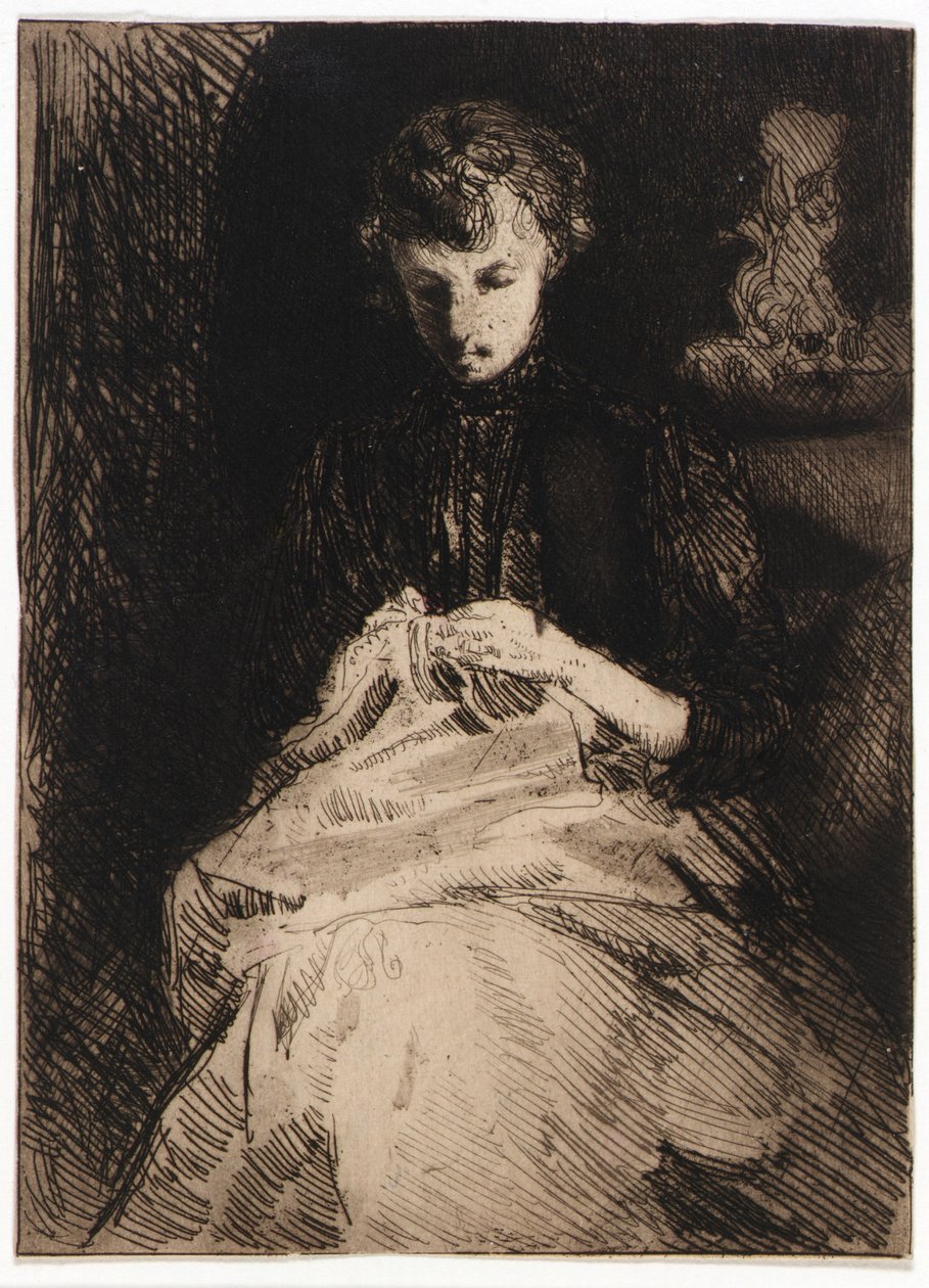 Sedící žena šije od J. Alden Weir