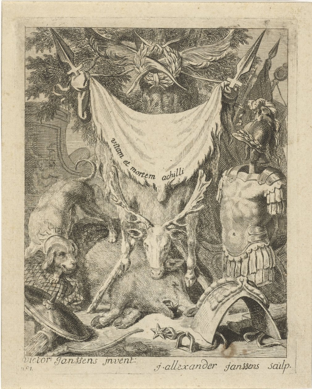 Titulní tisk pro sérii s výjevy ze života Achilla Scény ze života Achilla (název série) Vitam et mortem achilli (název série na objektu) od J. Alexander Janssens