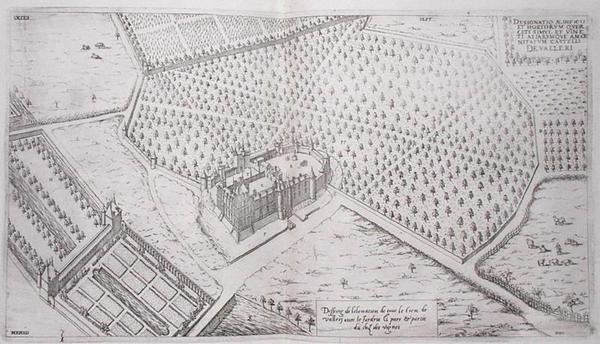 Chateau de Vallery se zahradami, parkem a částí vinice, z „Les Plus Belles Bastiments de France, vydáno v 70. letech 16. století (rytina) od J. Androuet  Ducerceau
