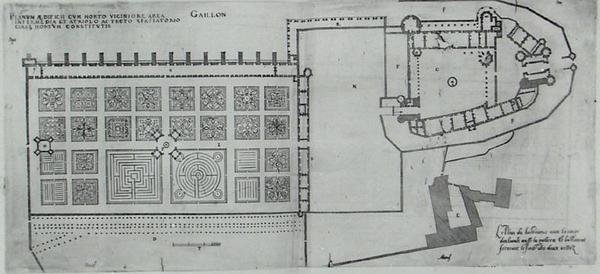 Plán uzavřených zahrad a zámku Gaillon, z „Les Plus Belles Bastiments de France“, vydáno v 70. letech 16. století (rytina) od J. Androuet  Ducerceau
