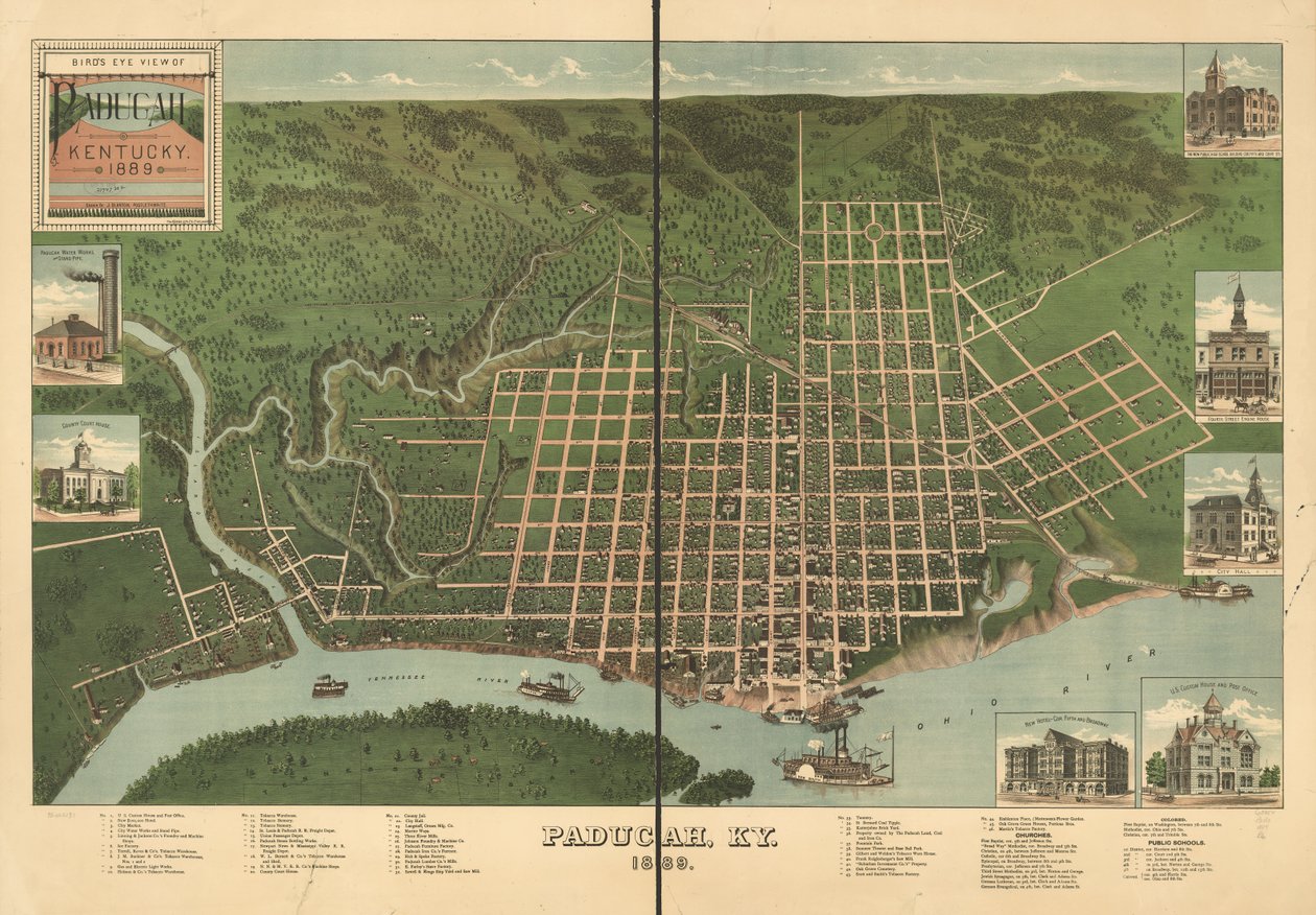Pohled z ptačí perspektivy na Paducah, Kentucky 1889. od J. Blanton; Krebs Lithographing Company Postlethwaite