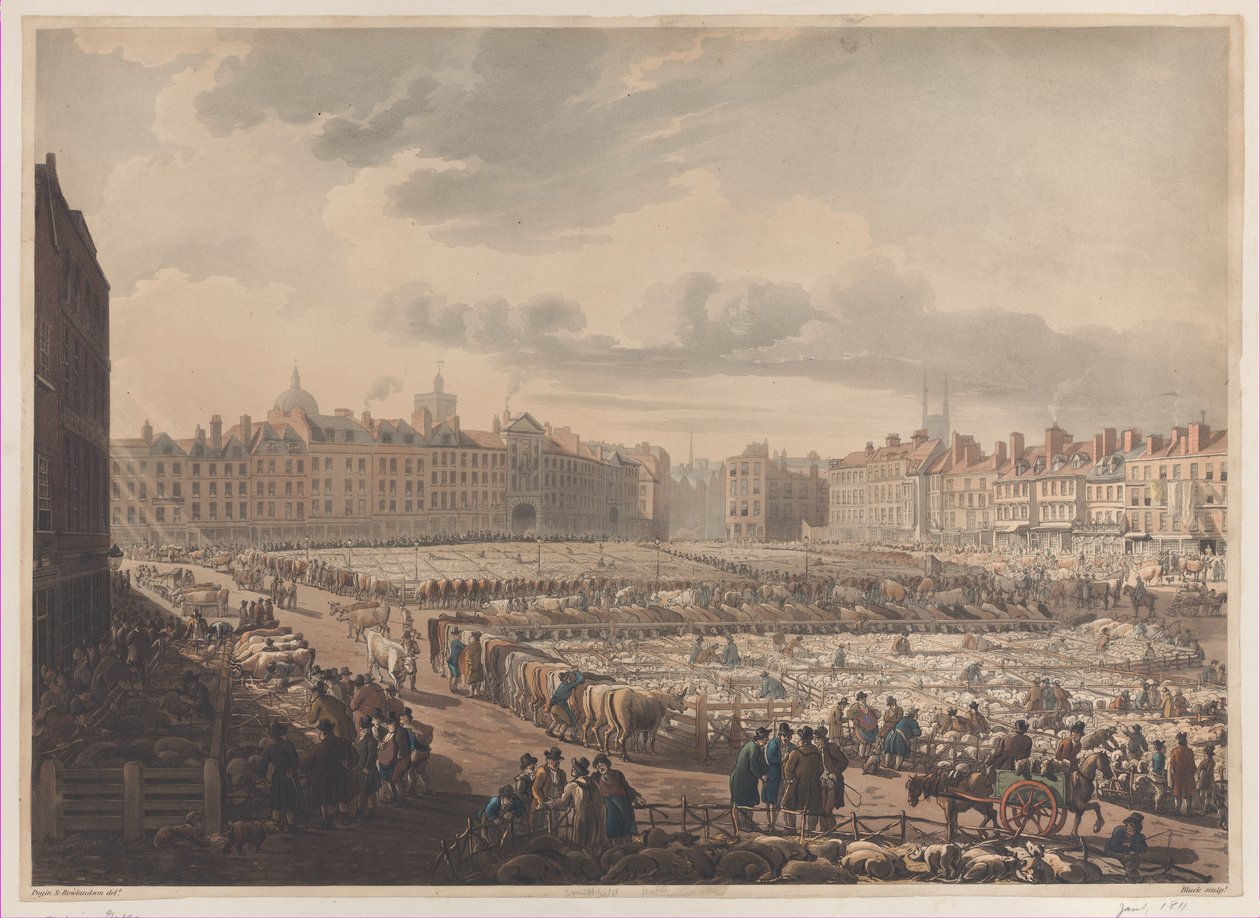 Pohled z ptačí perspektivy na Smithfield Market, převzato z Bear & Ragged Staff, leden..., 1. ledna 1811. od J. Bluck