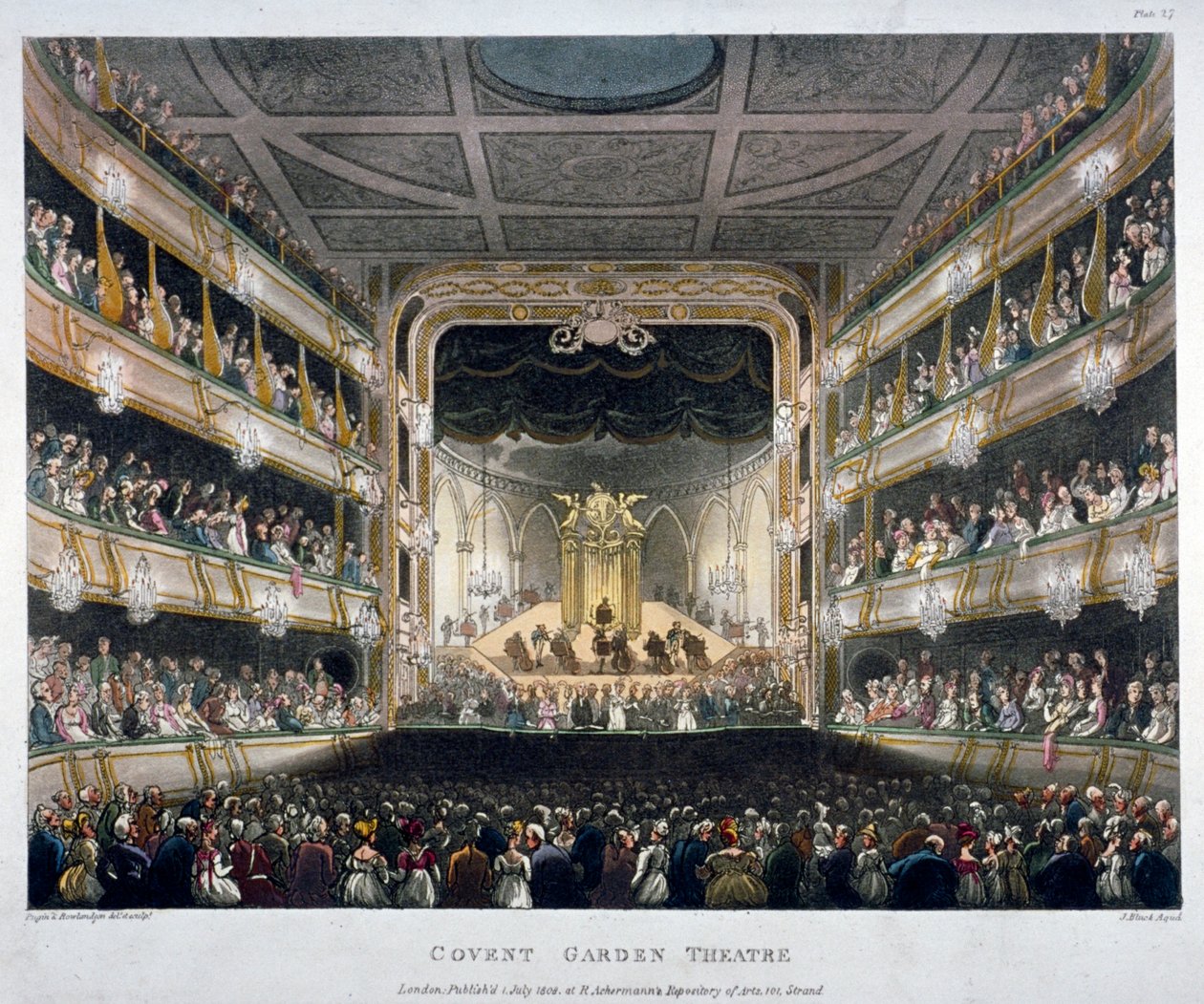 Vnitřní pohled na divadlo Covent Garden, Bow Street, Westminster, Londýn, 1808 od J Bluck
