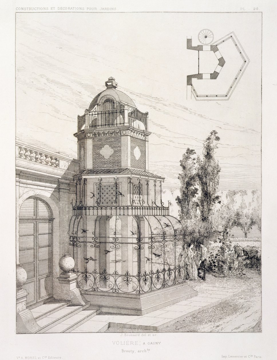 Voliéra pro zpěvné ptactvo, z množství návrhů různých architektů, hospoda. Morel & Cie, Paříž, kolem roku 1880 od J. Boussard