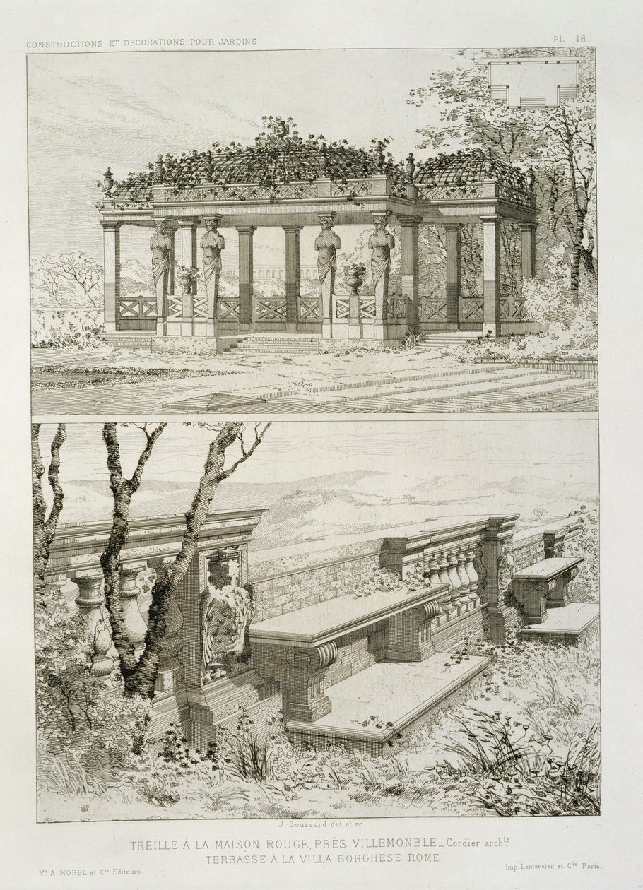Pergola La Maison Rouge poblíž Villemomble, navržená Cordierem, a terasa Villa Borghese, Řím, kolem roku 1880 od J. Boussard