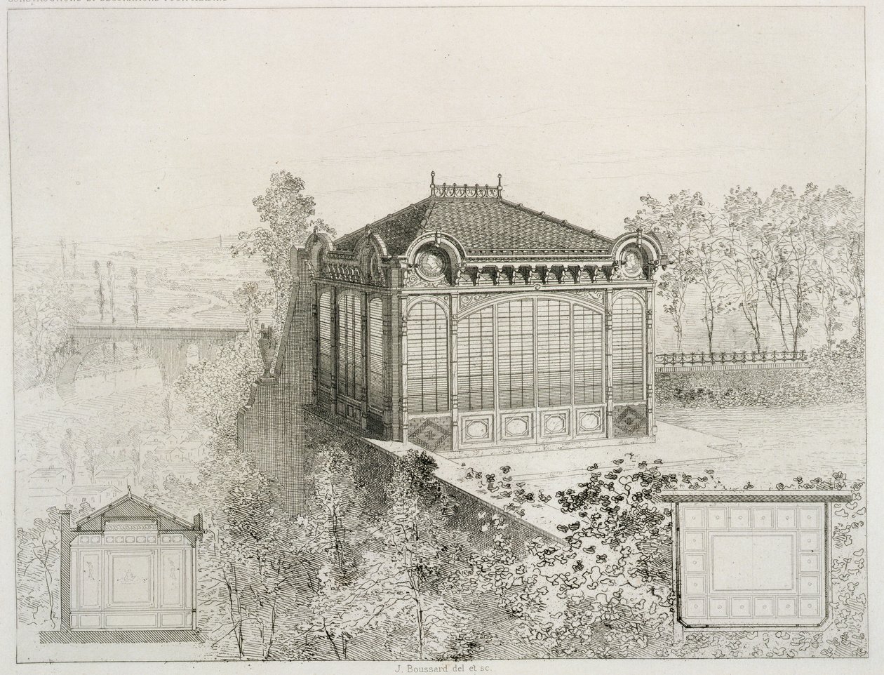 Plány a nárys zahradního altánu, c.1880 od J. Boussard