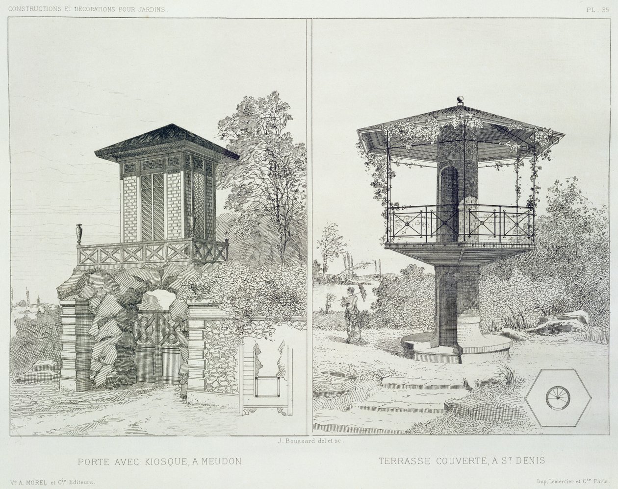 Portál s kioskem, Meudon a krytá terasa, St. Denis, z množství návrhů různých architektů, hospoda. Morel & Cie, Paříž, kolem roku 1880 (lept) od J. Boussard