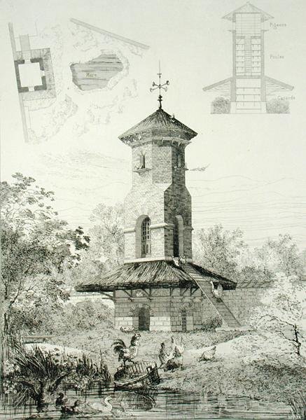 Přístřešek pro drůbež v Chartrettes, z knihy "Constructions et Decorations pour Jardins", vydané kolem roku 1880 (rytina) od J. Boussard