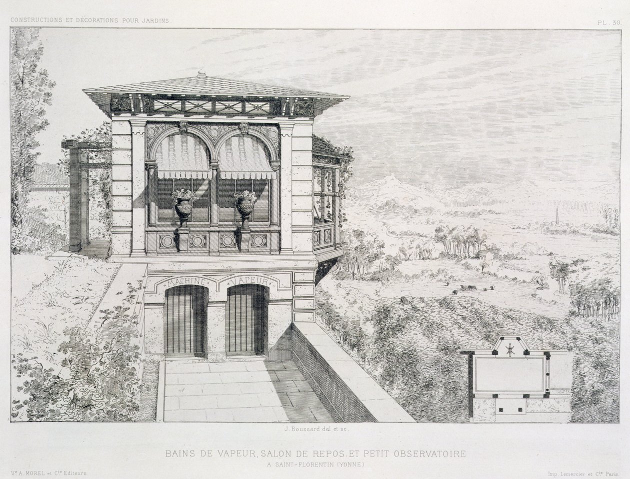 Parní lázně, hvězdárna nahoře, z množství návrhů různých architektů, hospoda. Morel & Cie, Paříž, kolem roku 1880 od J. Boussard