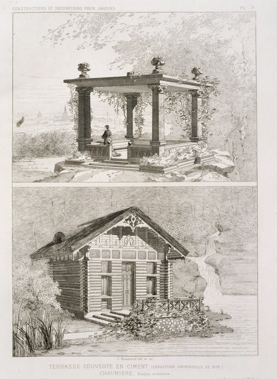 Terasa pokrytá cementem a altánek navržený Danjoyem, kolem roku 1880 od J. Boussard
