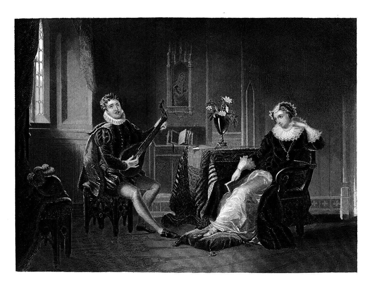 Chatelar hrající na loutnu Mary Queen of Scots, 1560s, 1860 od J. C. Armytage