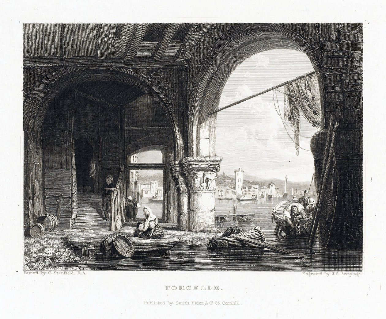 Pohled na ostrov Torcello (Benátky, Itálie). Rytina Jamese Charlese Armytage (1820-1897) podle Clarksona Stanfielda (1793-1867) od J. C. Armytage