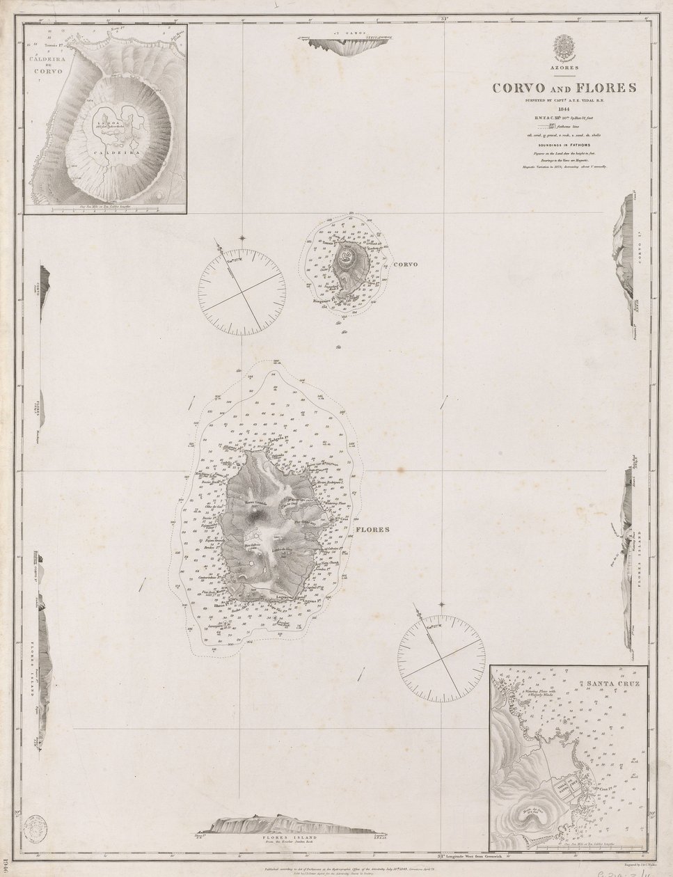 Azory Corvo a Flores. Vyšetřil kapitán A.T.E. Vidal R.N. 1844. od J. & C. Walker