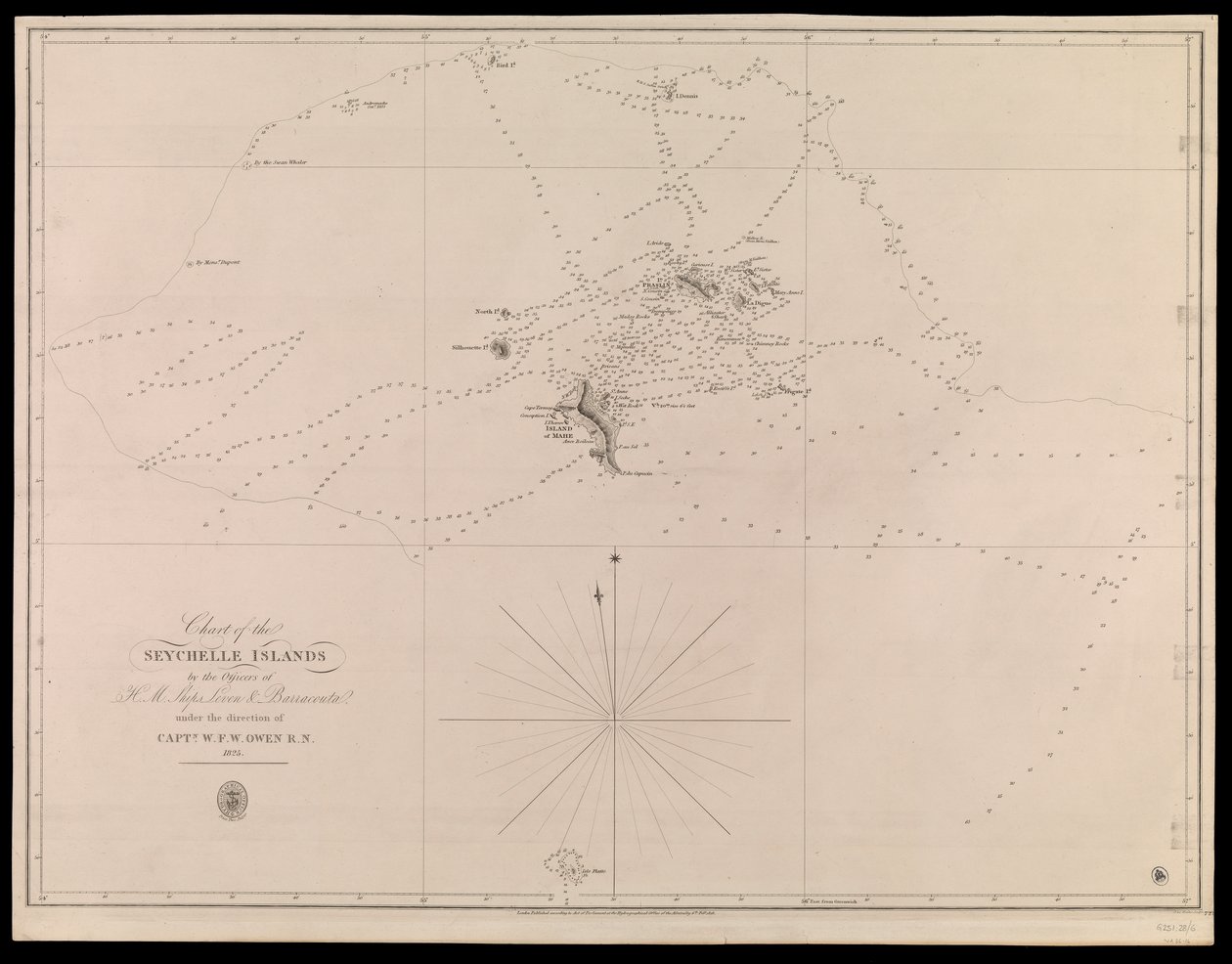 Mapa Seychelských ostrovů od důstojníků lodí H.M. Leven a Barracouta pod vedením kapitána W.F.W. Owena R.N. 1825 od J. & C. Walker