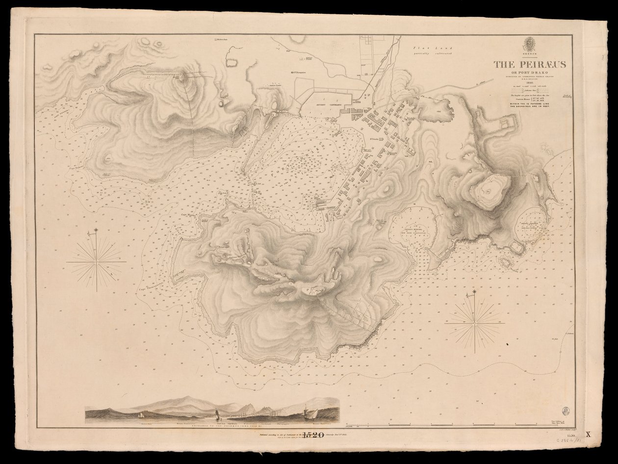 Řecko, Peiraeus nebo Port Drako, které prozkoumal velitel Thomas Graves, H.M.S. Beacon 1840 od J. & C. Walker