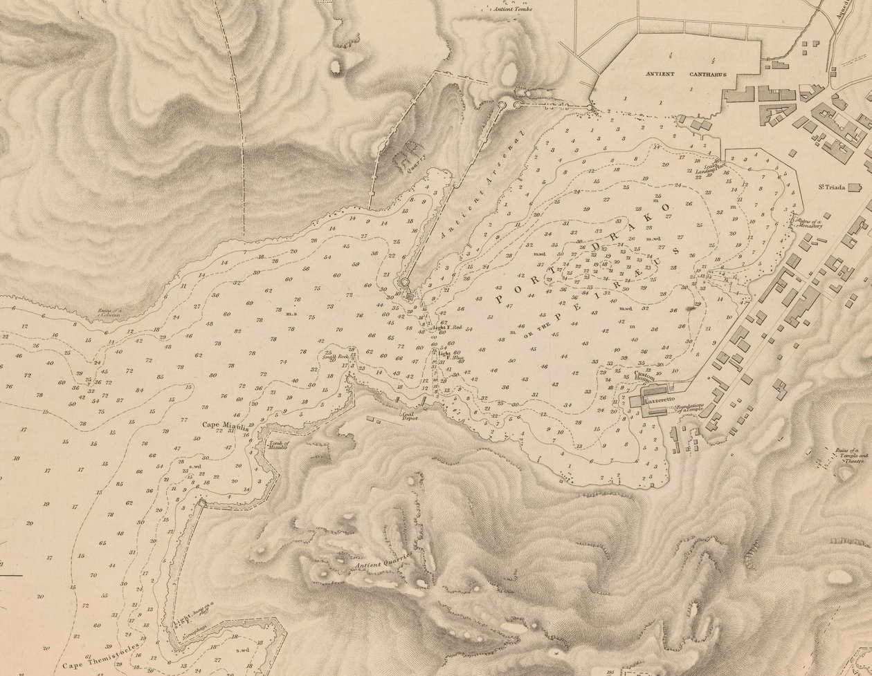 Řecko, Peiraeus nebo Port Drako, průzkum provedený komandérem Thomasem Gravesem, H.M.S. Beacon 1840, [Detail] od J. & C. Walker