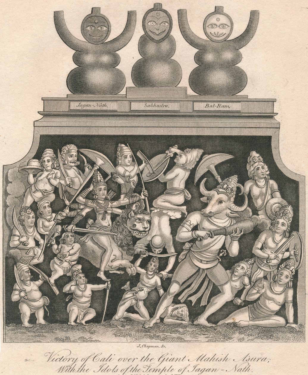Vítězství Cali nad obřím Mahishasurou, s idoly z chrámu Jagannath, 1809. od J. Chapman