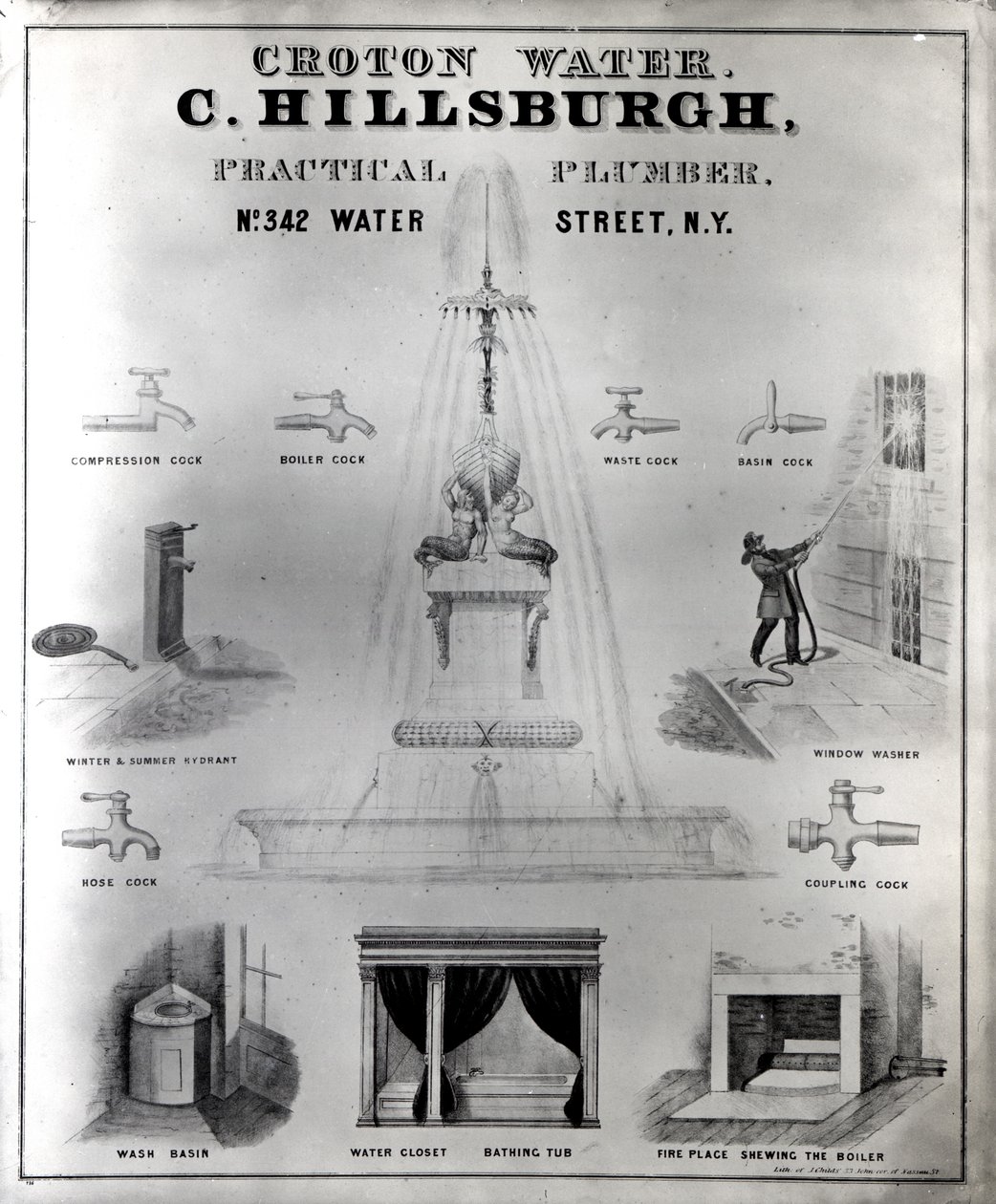 Crotonská voda. C. Hillsburgh, praktický instalatér, č.p. 342 Water Street, New York, 40. léta 19. století od J. Childs