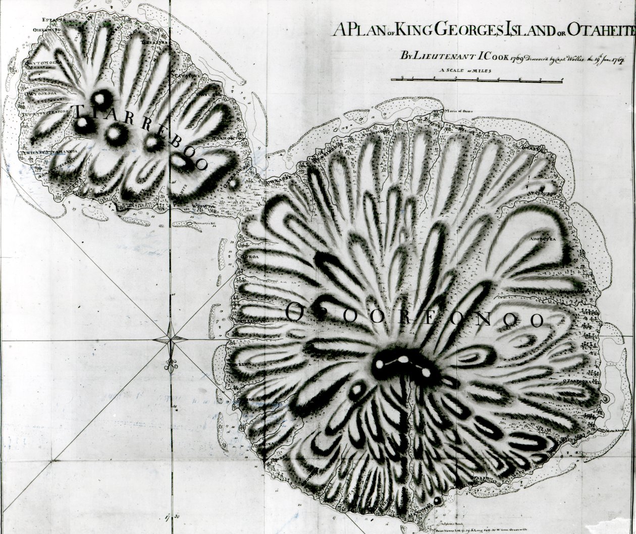 Plán ostrova Kinga Georgese nebo Otheite, 1769 (litho) (černobílá fotografie) od J. Cook
