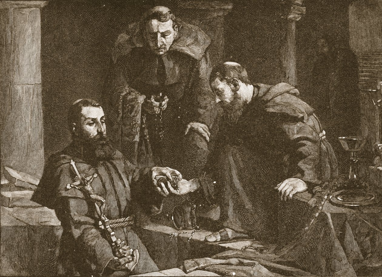 Skrývání pokladu při potlačení kláštera, ilustrace z The Church of England: A History for the People od H.D.M. Spence-Jones, hospoda. c.1910 litho sépie fotografie od J. Cooke