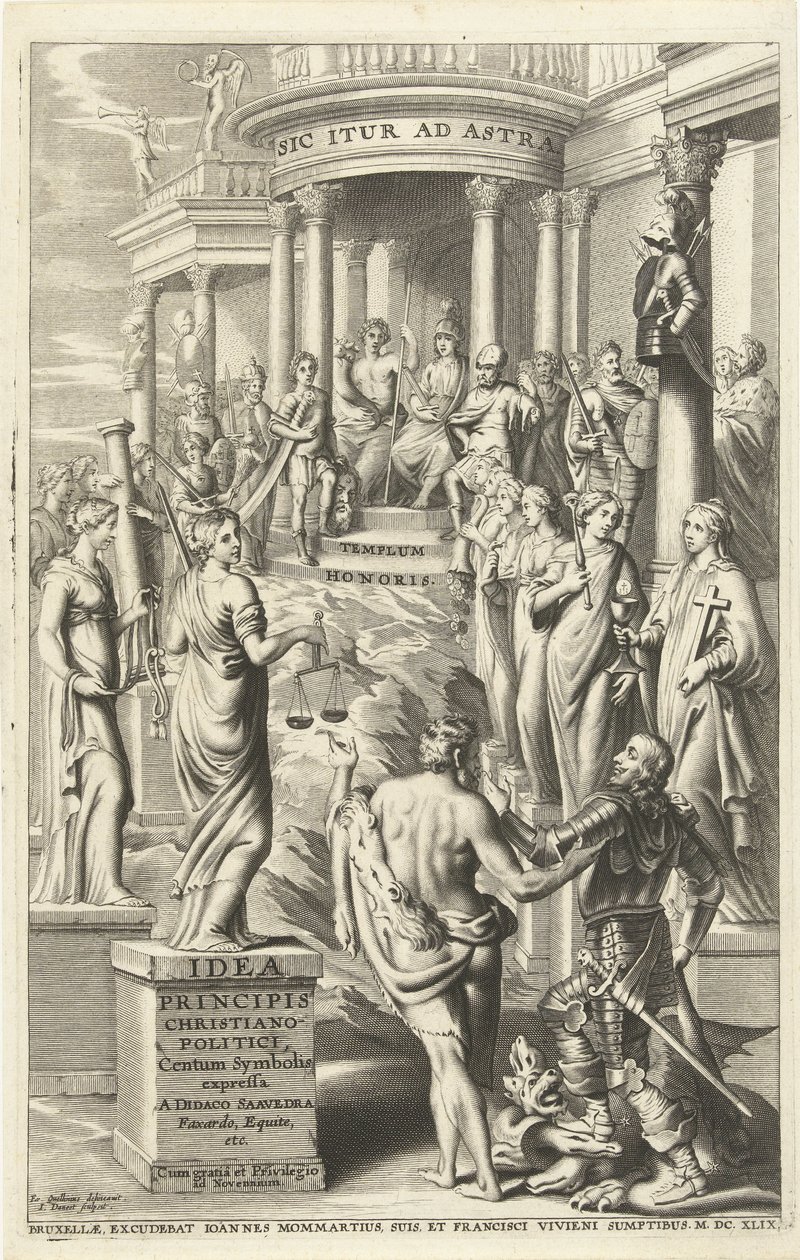 Herkules vede člověka kolem personifikací ctností do chrámu věčné slávy Titulní strana pro: Idea principis christiano-politica, Centum Symbolis expressa, Brusel 1649 (název na objektu) od J. Danoot