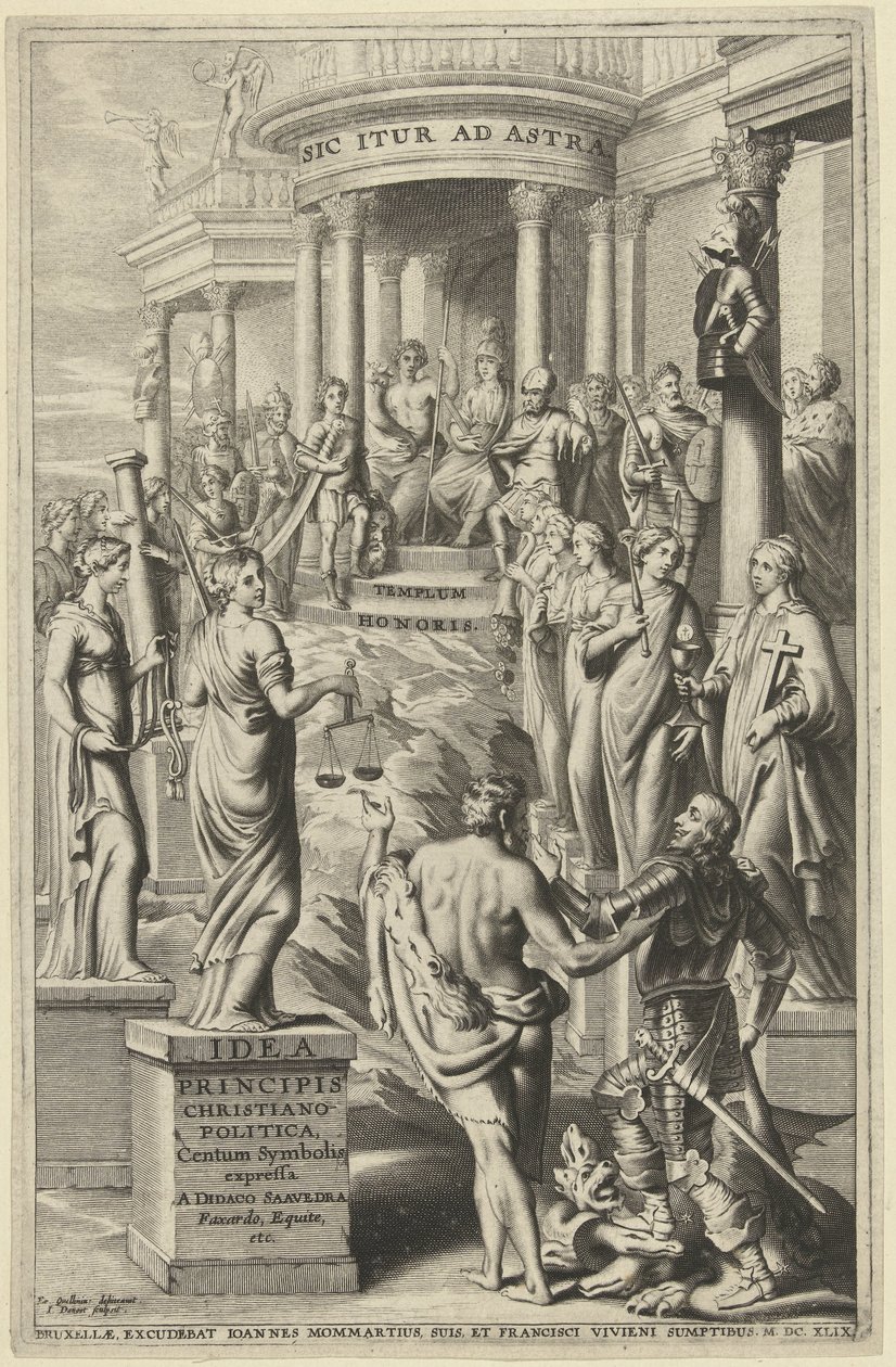Herkules vede člověka kolem personifikací ctností do chrámu věčné slávy Titulní strana pro: Idea principis christiano-politica, Centum Symbolis expressa, Brusel 1649 od J. Danoot