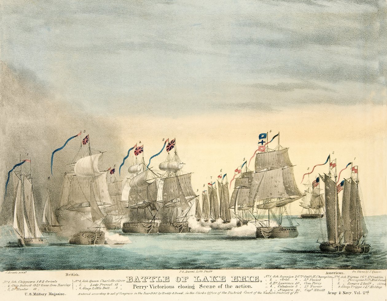 Bitva u Erijského jezera. Perry Vítězná závěrečná scéna Action from Army and Navy Magazine, hospoda. 1840 (barevná rytina) od J. Evans