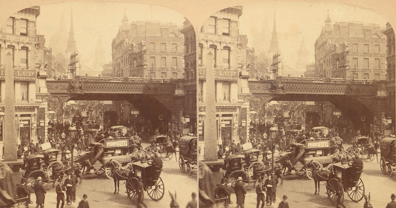 Skupina 4 stereografických pohledů na Ludgate Hill, Londýn, Anglie, 1850-1910. od J F Jarvis
