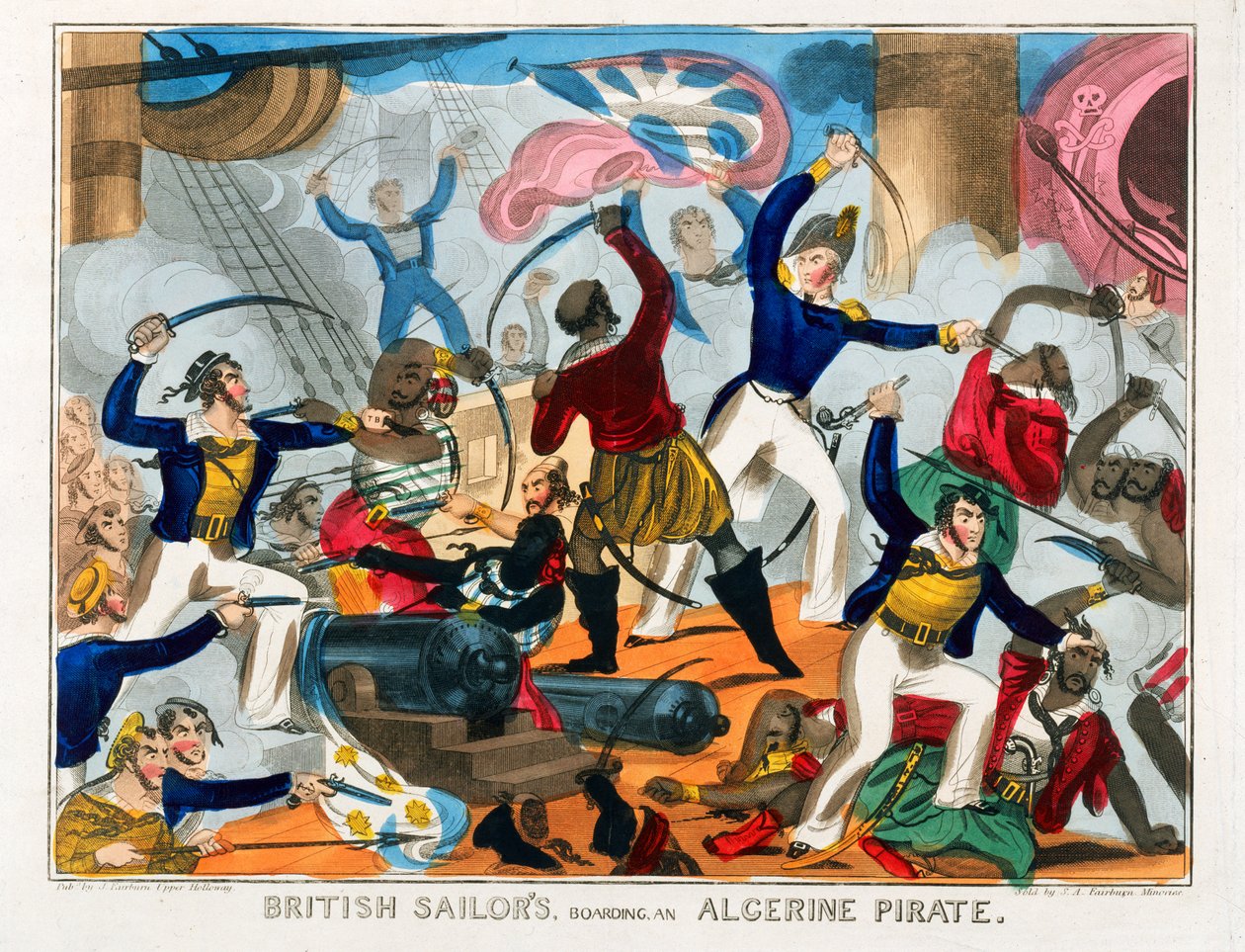 Britští námořníci na alžírské pirátské lodi (kolorovaná rytina) od J. Fairburn