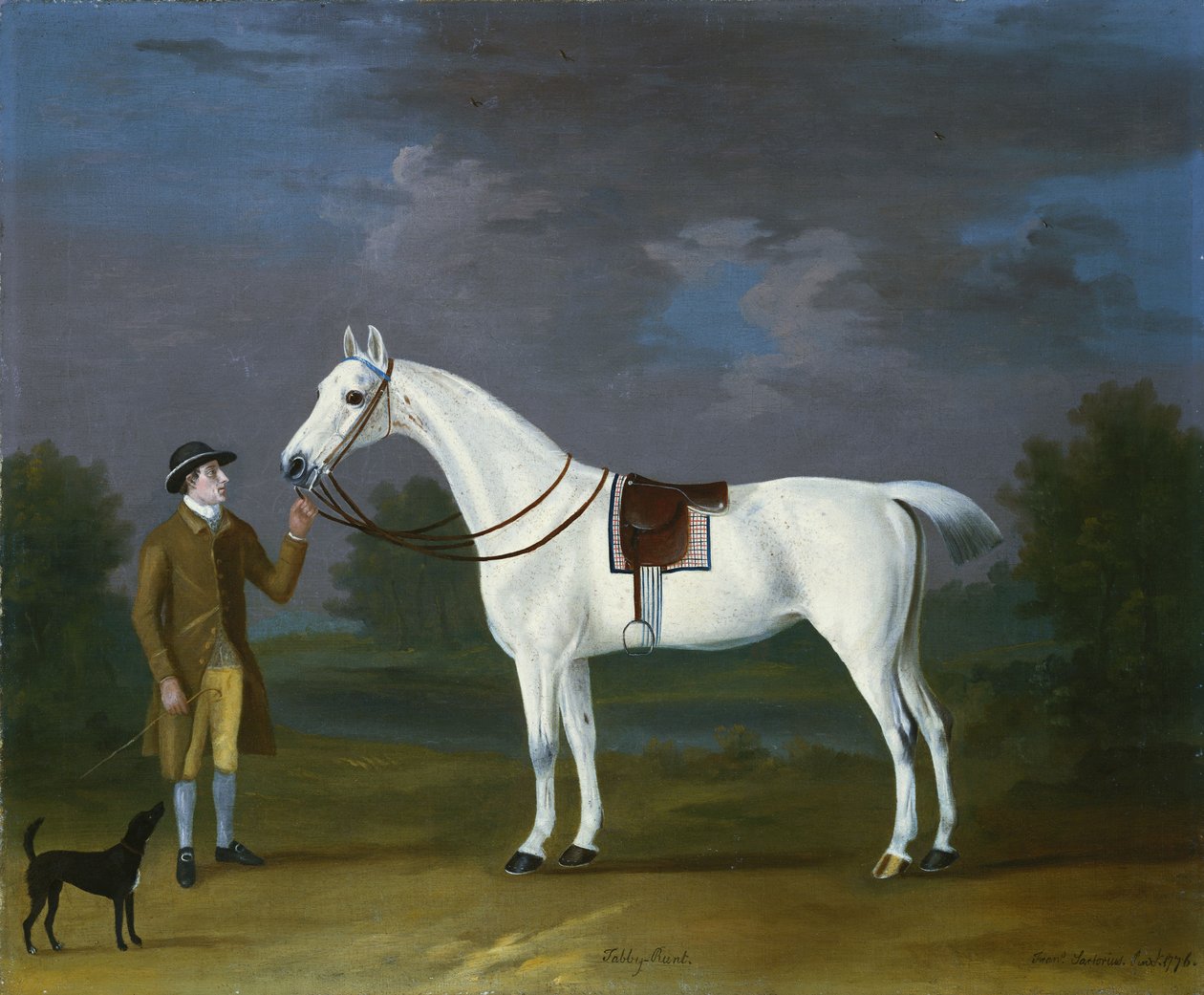 Tabby Runt“, šedý lovec se svým majitelem a teriérem v říční krajině, 1776 od J. Francis Sartorius