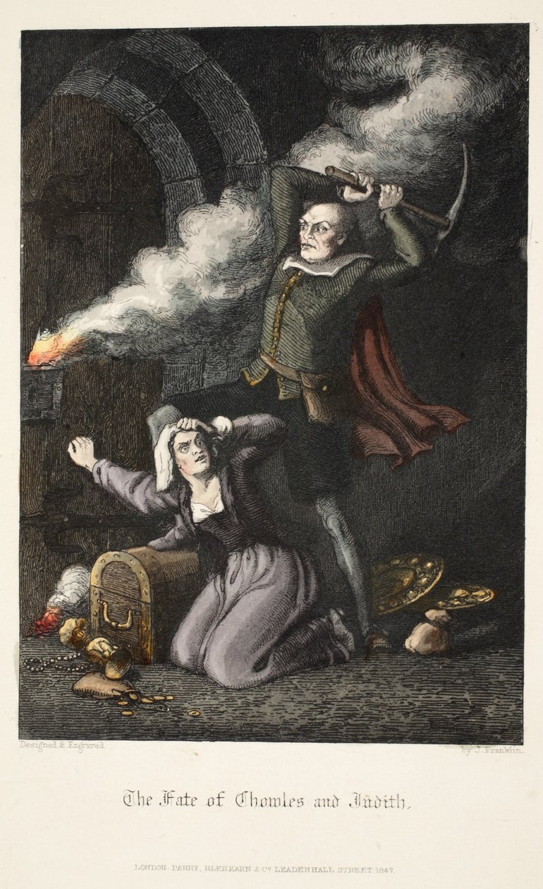 Osud Chowlesa a Judity, z knihy Old Saint Pauls, pub. 1847 (ručně kolorovaná rytina) od J. Franklin